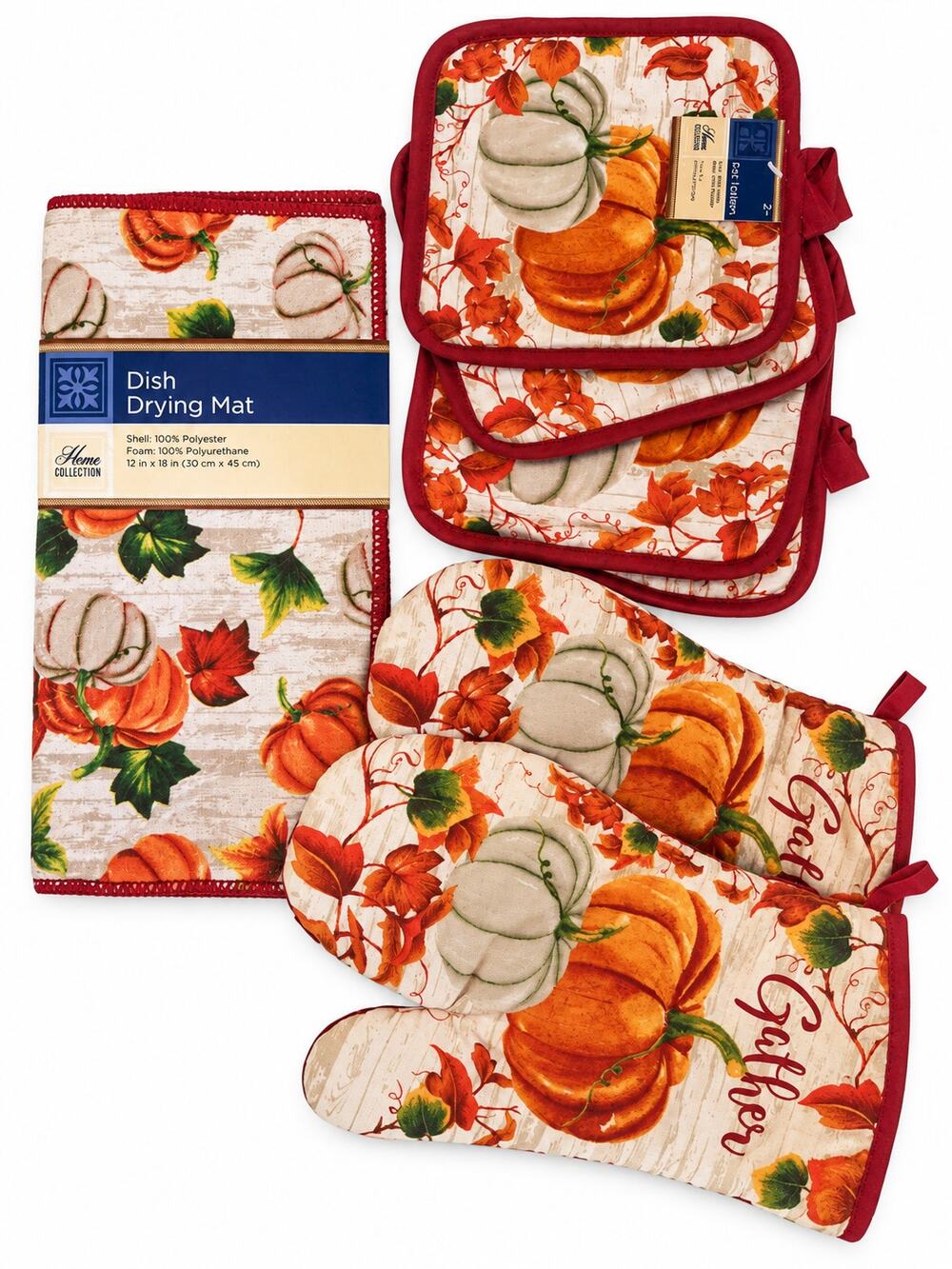 Home Collection Fall Pumpkin Kitchen Set 7pc Oven Mitts Pot Holders Drying Mat